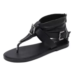 Ladies Belt Buckle Flip Flops Casual Flat Sandals Black