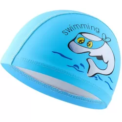 Children Swimming Cap PU Printed Cute Dolphin Pattern Elastic Swimming Cap Sky Blue