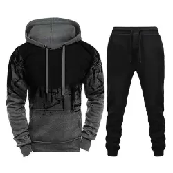 Men Loose Print Hoodie Sport Sweatshirt Set